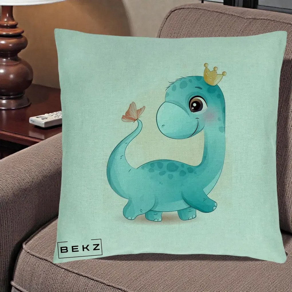 Perna Personalizata Dinozaur Bland Coroana Kawaii, 40x40 cm, Verde Menta, Husa Detasabila, Perna Inclusa, BEKZ®