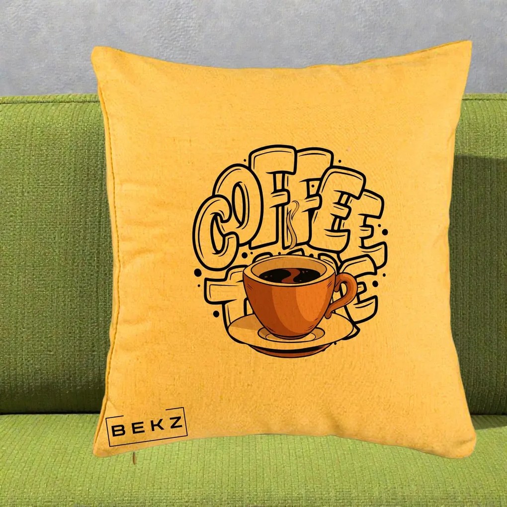 Perna Personalizata COFFEE cu Cana, 40x40 cm, Galben, Husa Detasabila, Perna Inclusa, BEKZ®