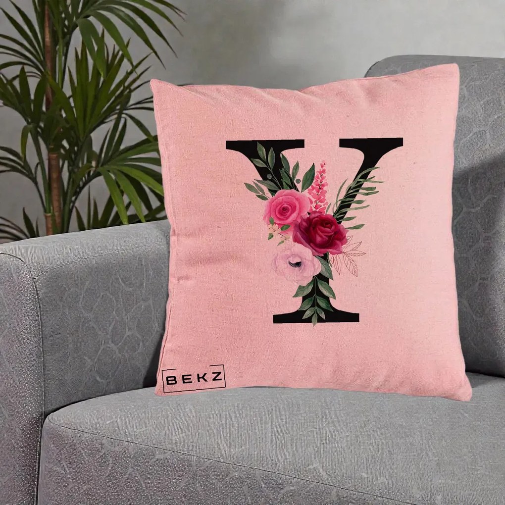 Cadou Personalizat - Perna Personalizata Monograma Florala Litera Y cu Buchet, 40x40 cm, Roz, Husa Detasabila, Perna Inclusa, BEKZ®