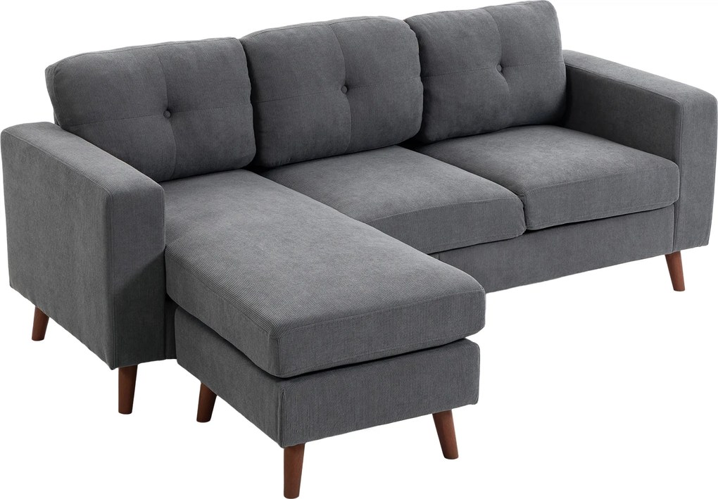 HOMCOM Colțar 192 cm în formă de L Canapea 3 locuri cu șezlong reversibil, aspect corduroy, pentru spații mici, Gri închis | Aosom Romania