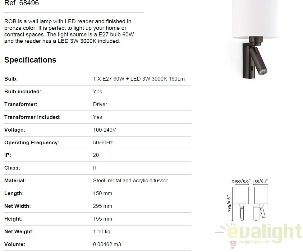 Aplica de perete cu reader LED ROB bronz 68496