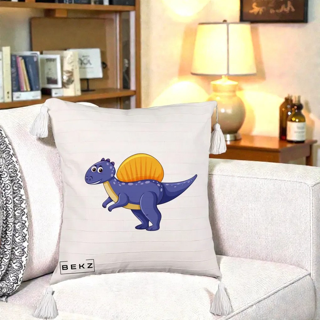 Perna Decorativa Spinozaur Kawaii, 40x40 cm, Bej cu Franjuri, Husa Detasabila, Perna Inclusa, BEKZ®