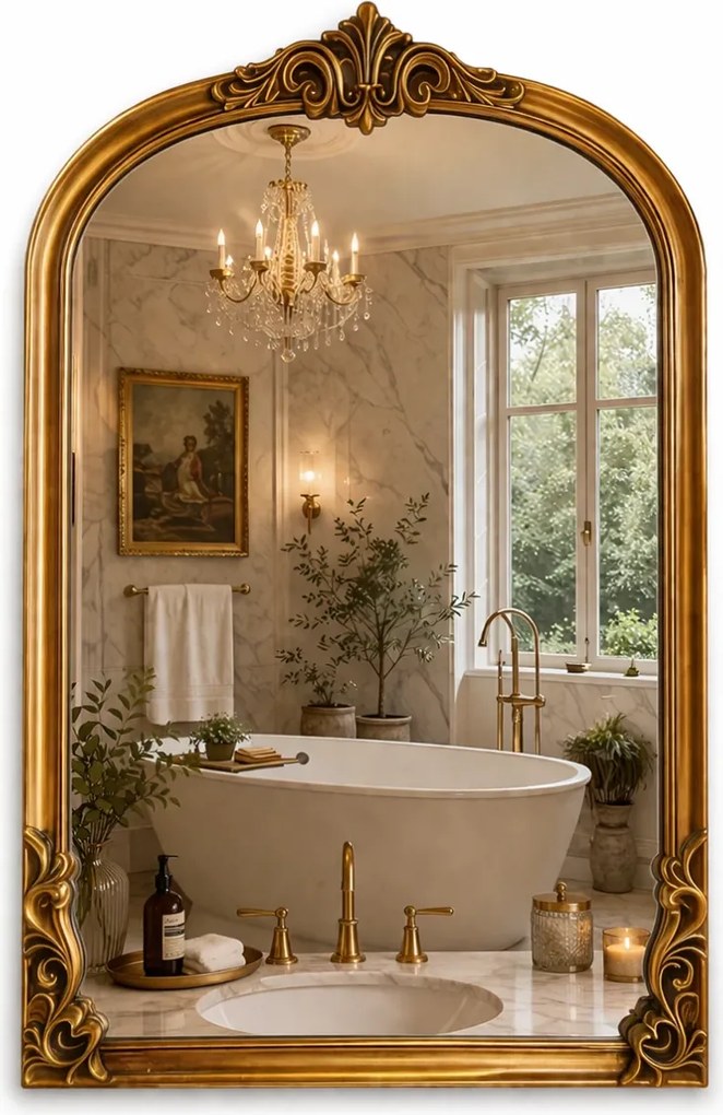 Oglindă decorativă de perete, ramă aurie antichizată, 60x90 cm