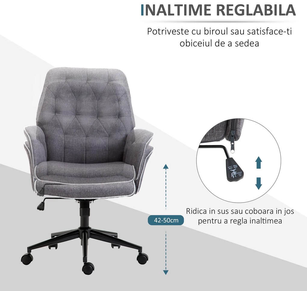 Vinsetto Scaun de Birou Ergonomic Capitonat Înălțime Reglabilă Cotiere Tesatura Efect In 66x69x89.5-97cm Gri Închis | Aosom Romania