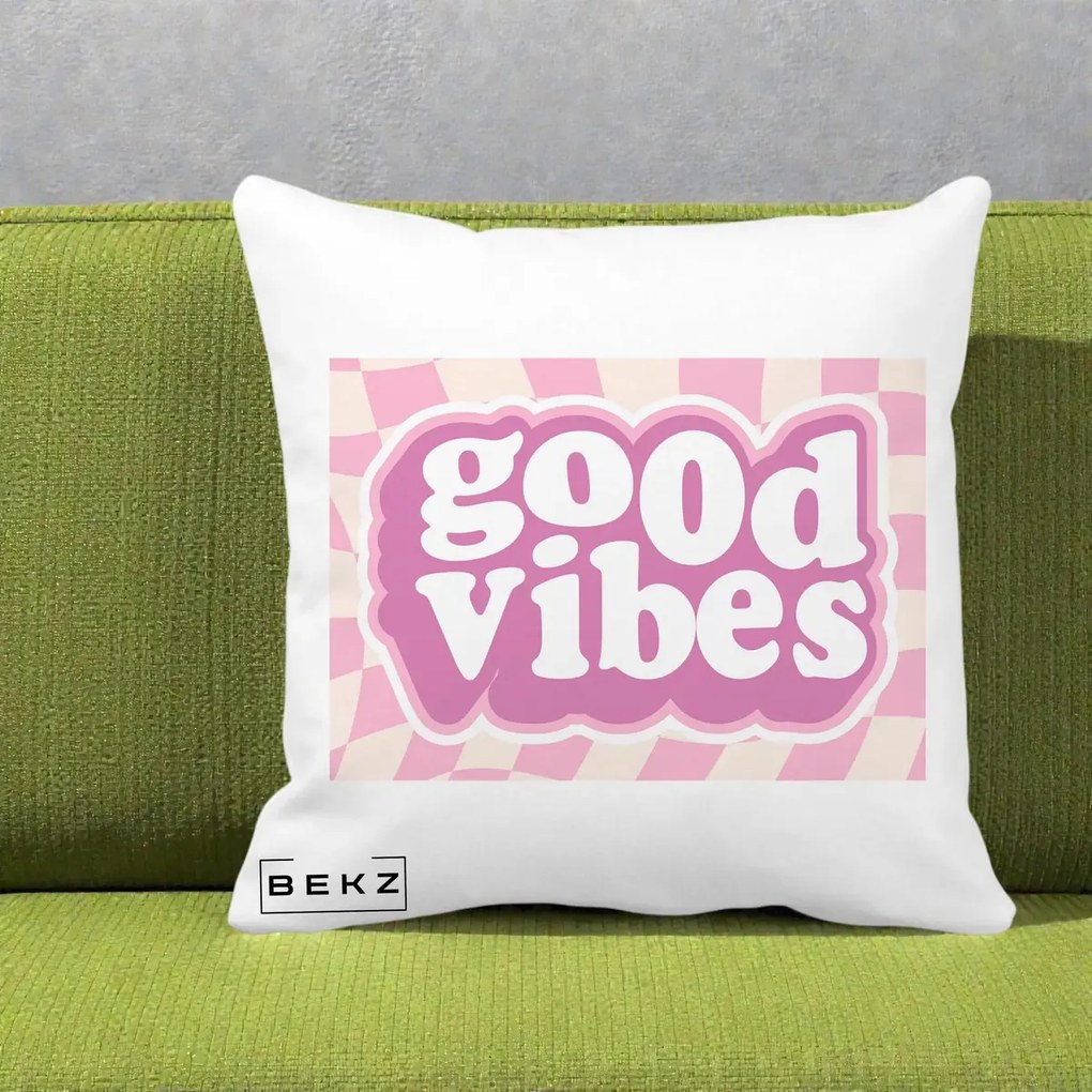 Perna Decorativa Good Vibes Retro Roz, 40x40 cm, Alba Mata, Husa Detasabila, Perna Inclusa, BEKZ®