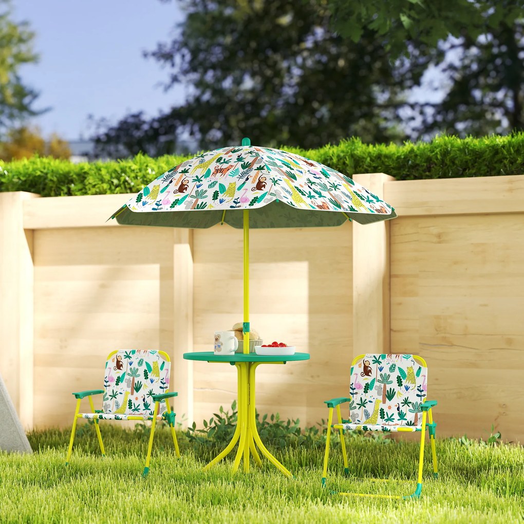 AIYAPLAY Masă de Picnic pentru Copii, Set Masă și Două Scaune Pliabile cu Umbrelă Demontabilă, Tematică Jungle, Mobilier de Exterior pentru Grădină, Terasă, Verde | Aosom Romania