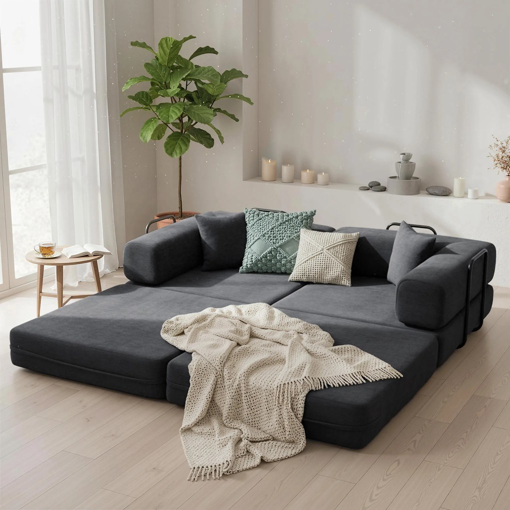 HOMCOM Canapea‑Pat 2 locuri Extensibilă Tapițată în Chenille cu Căptușeală Groasă Brațe Late 2 Perne Gri Închis | Aosom Romania