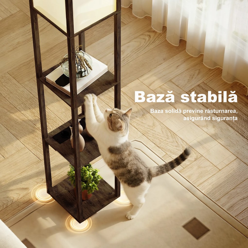 Lampă de Podea HOMCOM LED cu Rafturi, Lampă Modernă cu Comutator cu Pedală și Porturi USB, Temperatură Reglabilă a Luminii pentru Living, Dormitor, Maro | Aosom Romania