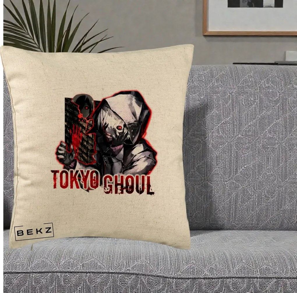 Perna Personalizata Tokyo Ghoul Ken Kaneki Anime, 40x40 cm, Bej, Husa Detasabila, Perna Inclusa, BEKZ®