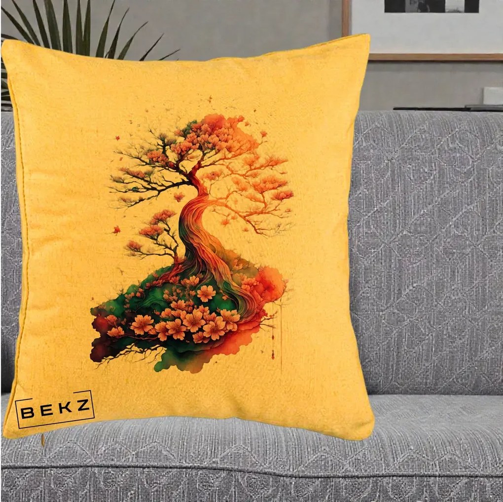 Perna Decorativa Copac Sakura Acuarela Fantasy, 40x40 cm, Galben, Husa Detasabila, Perna Inclusa, BEKZ®