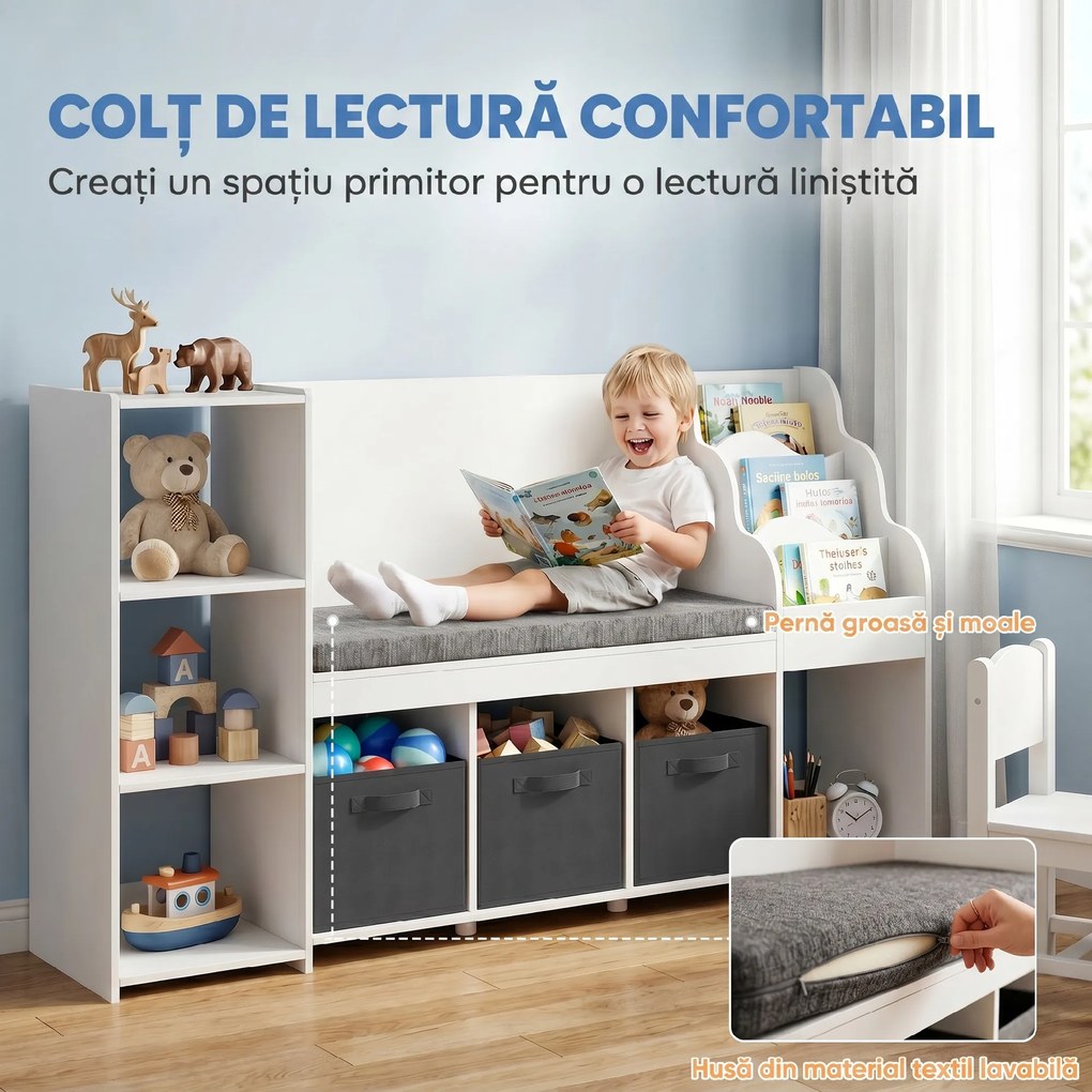 AIYAPLAY Raft Depozitare Jucării Copii 3-8 Ani cu Bibliotecă pe 3 Niveluri, 3 Sertare, 4 Compartimente, Pernă, Alb | Aosom Romania