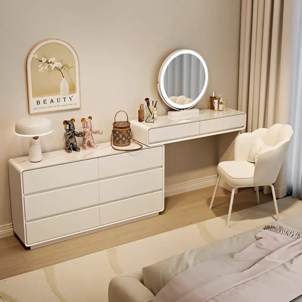 Set AUDREY ELEGANCE – Masă de Toaletă pentru Machiaj cu Oglindă iluminată LED, Control Touch, Comodă, Scaun, Alb
