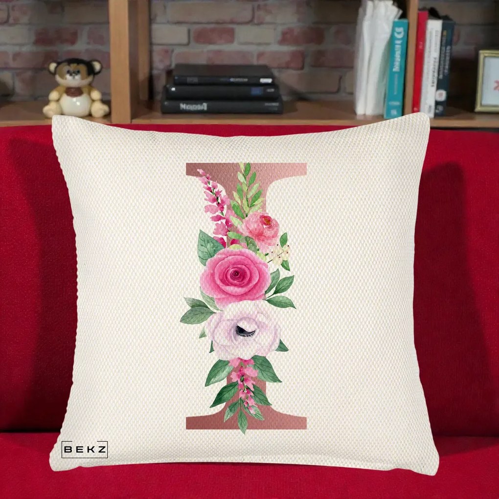 Cadou Personalizat - Perna Personalizata Monograma Rose Gold Litera I, 40x40 cm, Crem Reliefat, Husa Detasabila, Perna Inclusa, BEKZ®