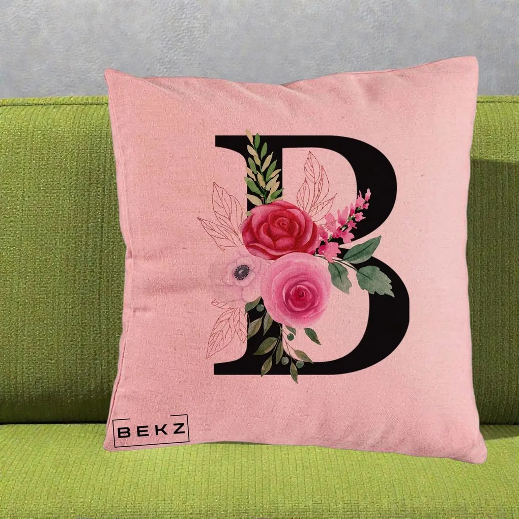 Cadou Personalizat - Perna Personalizata Monograma Florala Litera B, 40x40 cm, Roz, Husa Detasabila, Perna Inclusa, BEKZ®