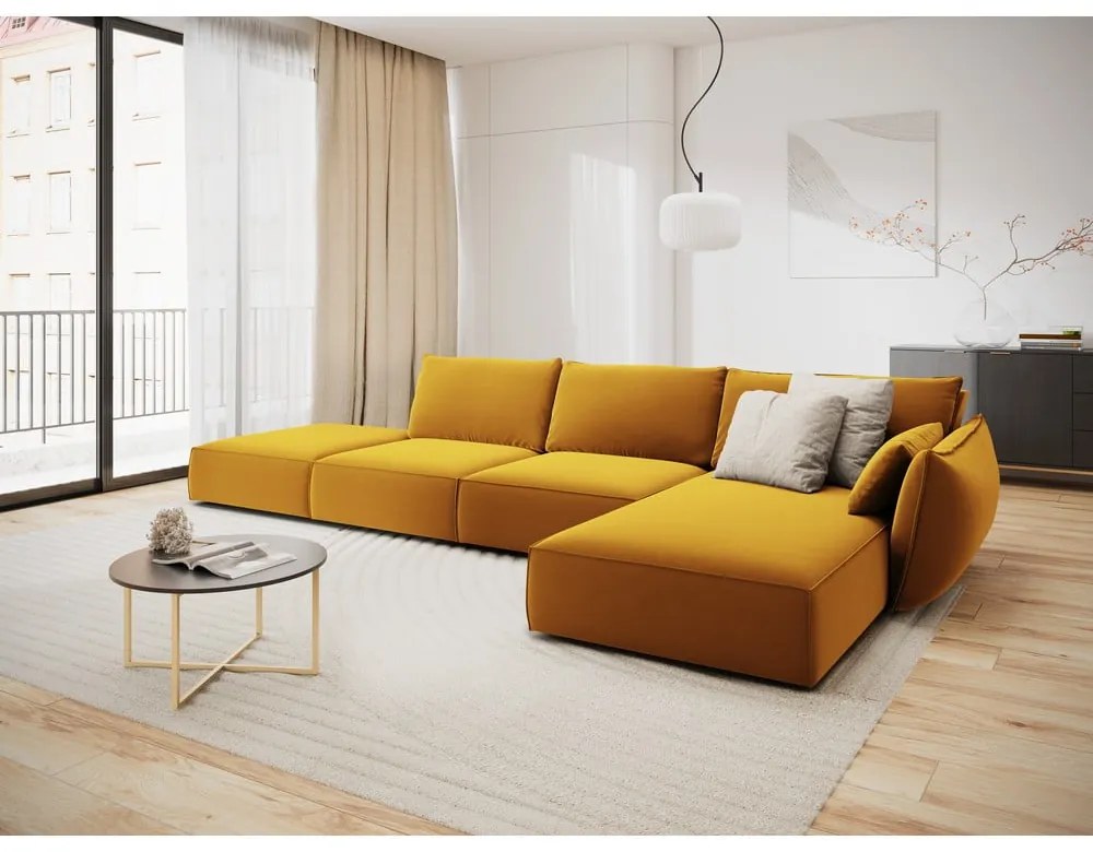 Colțar galben muștar cu tapițerie din catifea (cu colț pe partea dreaptă, cu șezlong) Vanda – Mazzini Sofas