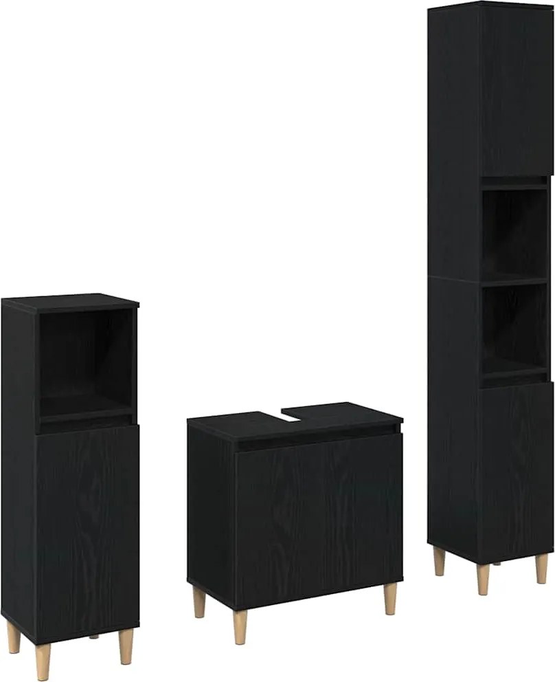 vidaXL Set de mobilier pentru baie Pe perete cu ușă 3 pcs Stejar Negru