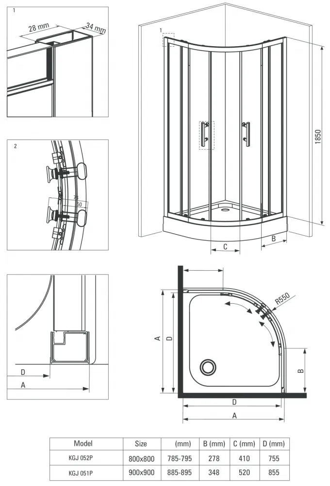 Cabina de dus semirotunda crom 90x90 cm, 2 usi glisante, Deante Jasmin 900x900 mm