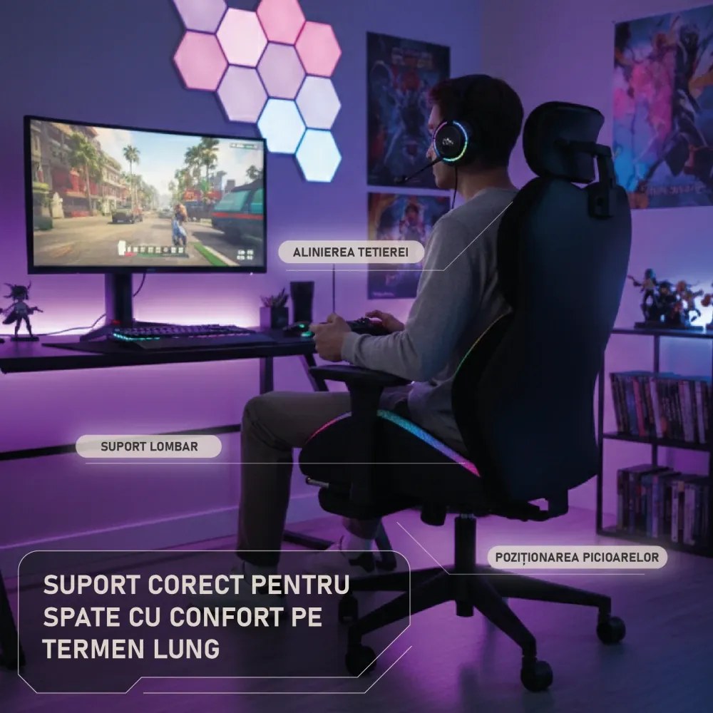 LUMINA X-Motion Pro – Scaun Gaming & Office Premium cu LED RGB și Suport pentru Picioare – Confort Inteligent și Design Spectaculos, Textil, Negru
