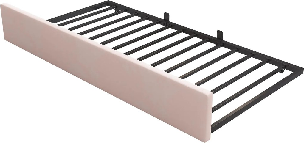 Pat de zi tapițat cu pat extensibil, canapea de dormit 2-în-1 cu tapițerie din catifea și somieră, fără saltea, pat principal 90x200 cm / pat extensibil 90x190 cm, Roz