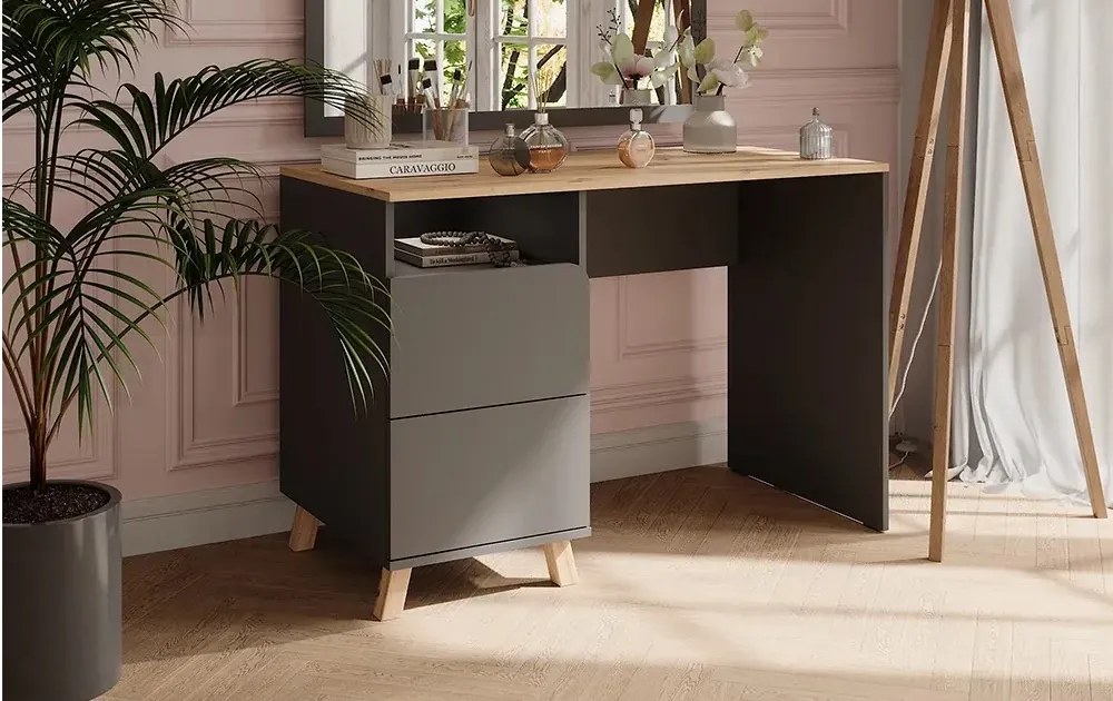 BIA12 - Birou 110 cm, masa de calculator office - Alb / Antracit - Culoarea Stejar