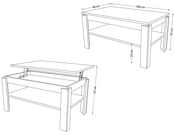 Masă de cafea extensibilă ADEN, cu blat rabatabil și poliță, stejar sonoma/alb