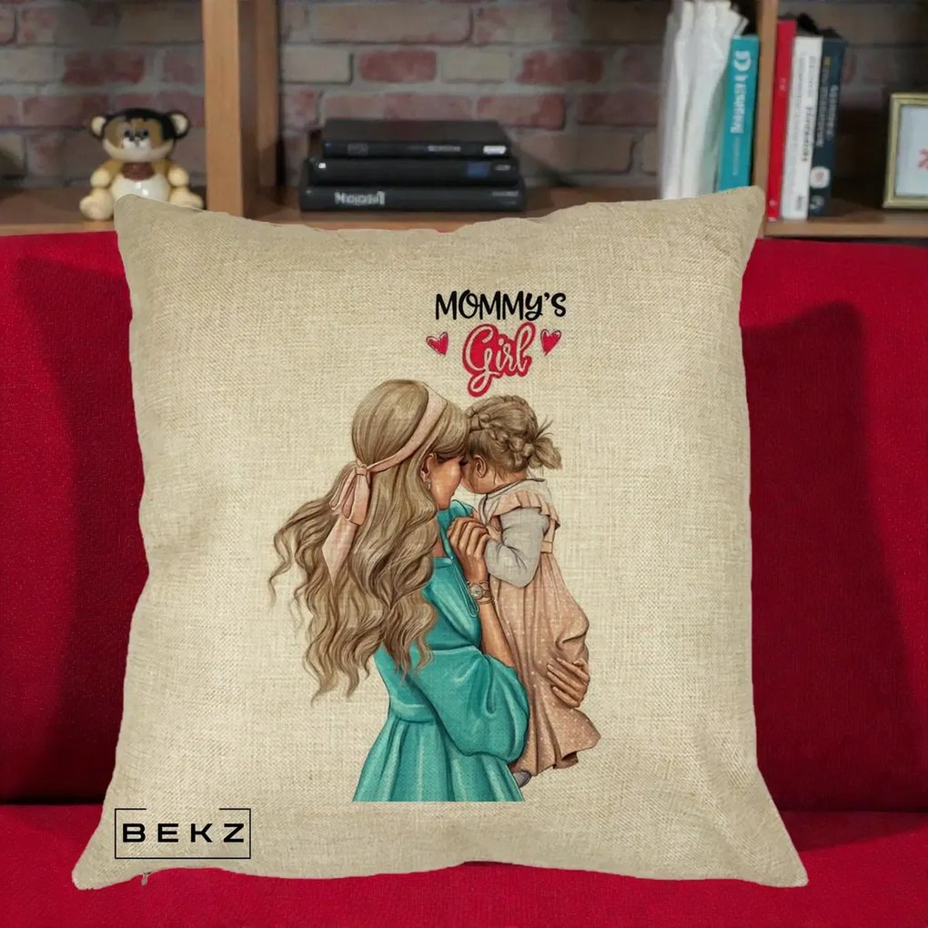 Cadou pentru Mama - Perna Personalizata Mommy's Girl Mama si Fetita, 40x40 cm, Crem, Husa Detasabila, Perna Inclusa, BEKZ®