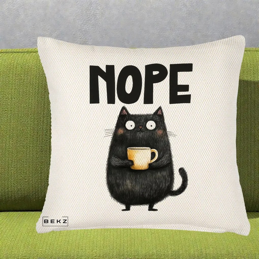 Perna Decorativa NOPE Pisica Neagra Cafea, 40x40 cm, Crem Reliefat, Husa Detasabila, Perna Inclusa, BEKZ®