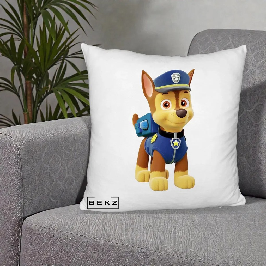 Perna Personalizata Chase PAW Patrol Albastru, 40x40 cm, Alb Pufos, Husa Detasabila, Perna Inclusa, BEKZ®