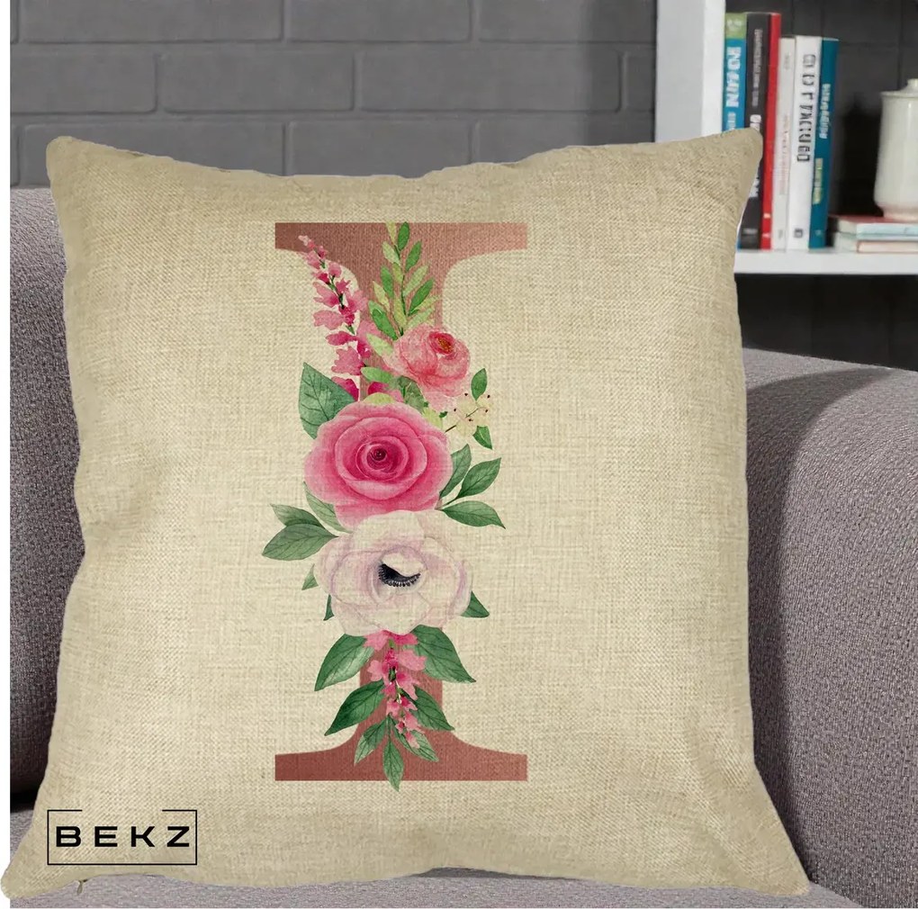 Cadou Personalizat - Perna Personalizata Monograma Rose Gold Litera I, 40x40 cm, Crem, Husa Detasabila, Perna Inclusa, BEKZ®