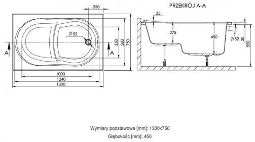 Cadă de baie dreaptă Wivea 75x130