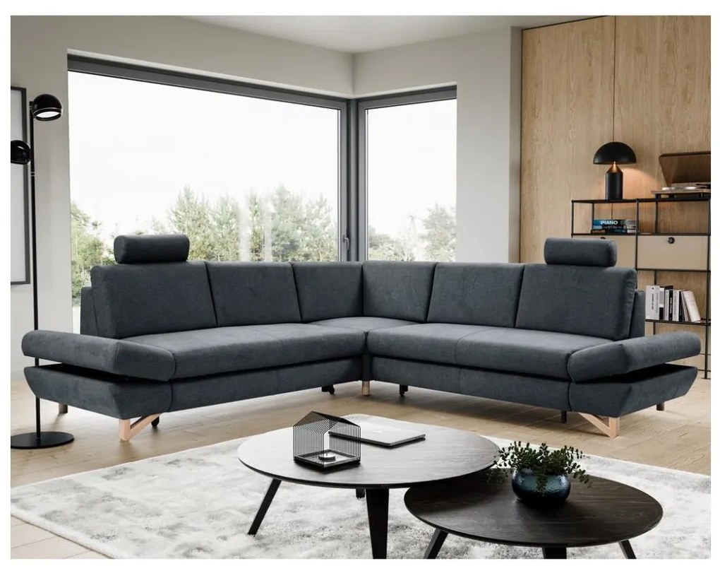 Colțar extensibil tapițat AVESTA, cu spațiu de depozitare, în formă de L, antracit