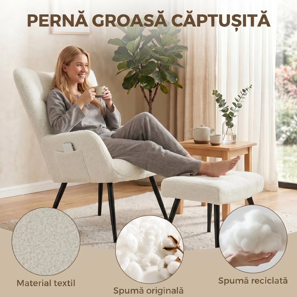 HOMCOM Fotoliu cu Taburet din Material Teddy, Spătar Înalt Matlasat, Buzunare Laterale, Bej | Aosom Romania