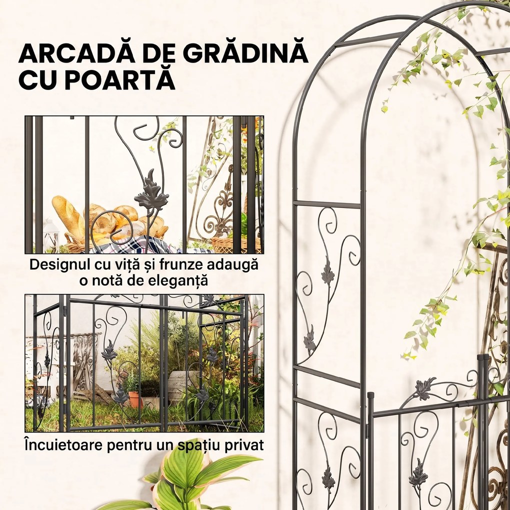 Outsunny Arc de Grădină cu Poartă și Grilaj pentru Plante Cățărătoare, 2,2x1 m, Negru | Aosom Romania