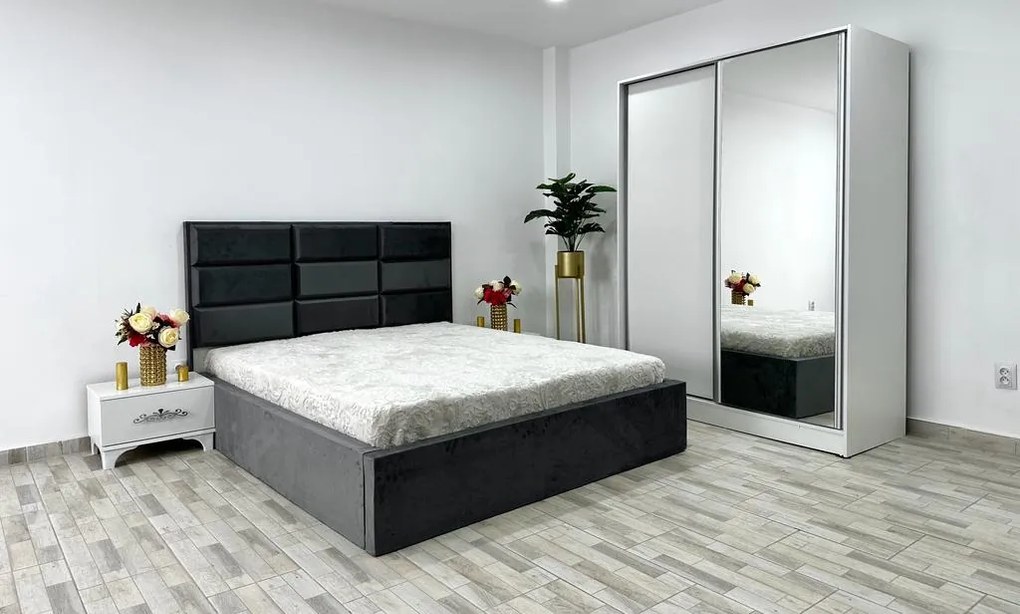 Dormitor Roma, culoare gri / alb, cu pat Roma 160 x 200 cm, dressing Erika si 2 noptiere Viena