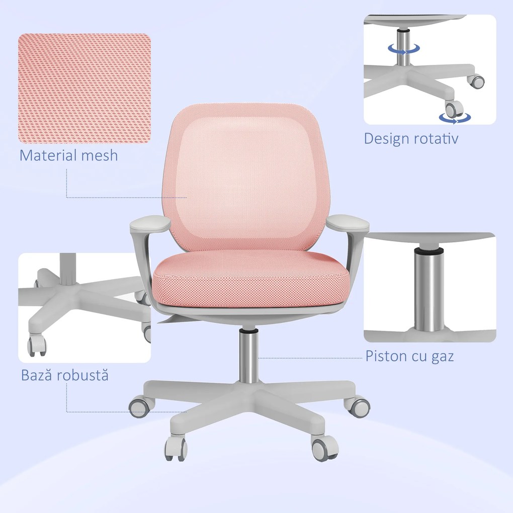 Vinsetto Scaun Birou Roz Respirabil cu Inaltime Reglabila Scaun Rabatabil cu 5 Roti cu Inclinare 55x48x82.5-94.5 cm | Aosom Romania