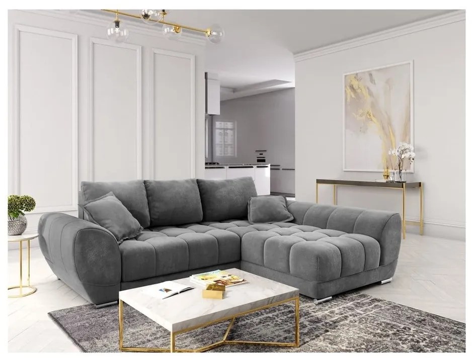 Colțar extensibil cu tapițerie de catifea și șezlong pe partea dreaptă Windsor &amp; Co Sofas Nuage, gri