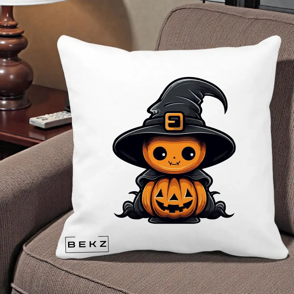 Perna Decorativa Halloween Dovleac Vrajitor Kawaii, 40x40 cm, Alba Mata, Husa Detasabila, Perna Inclusa, BEKZ®