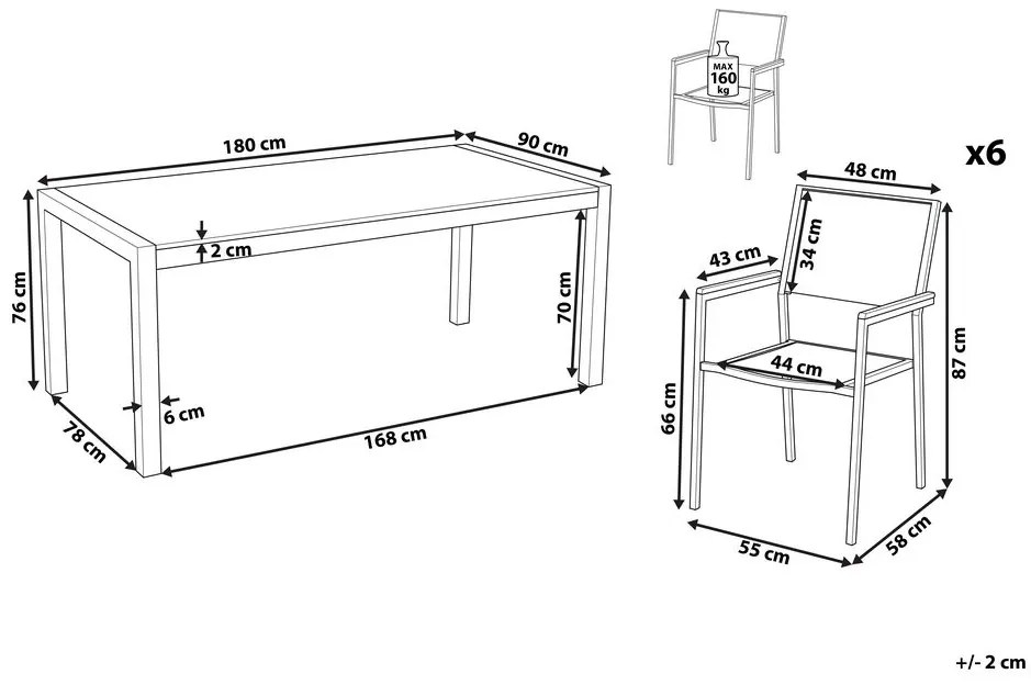 Set de masă pentru grădină Grosso (negru) (6 scaune gri). 1011731