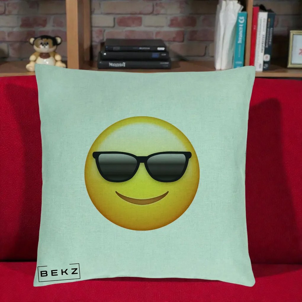 Perna Decorativa Emoji Cool Ochelari, 40x40 cm, Verde Menta, Husa Detasabila, Perna Inclusa, BEKZ®
