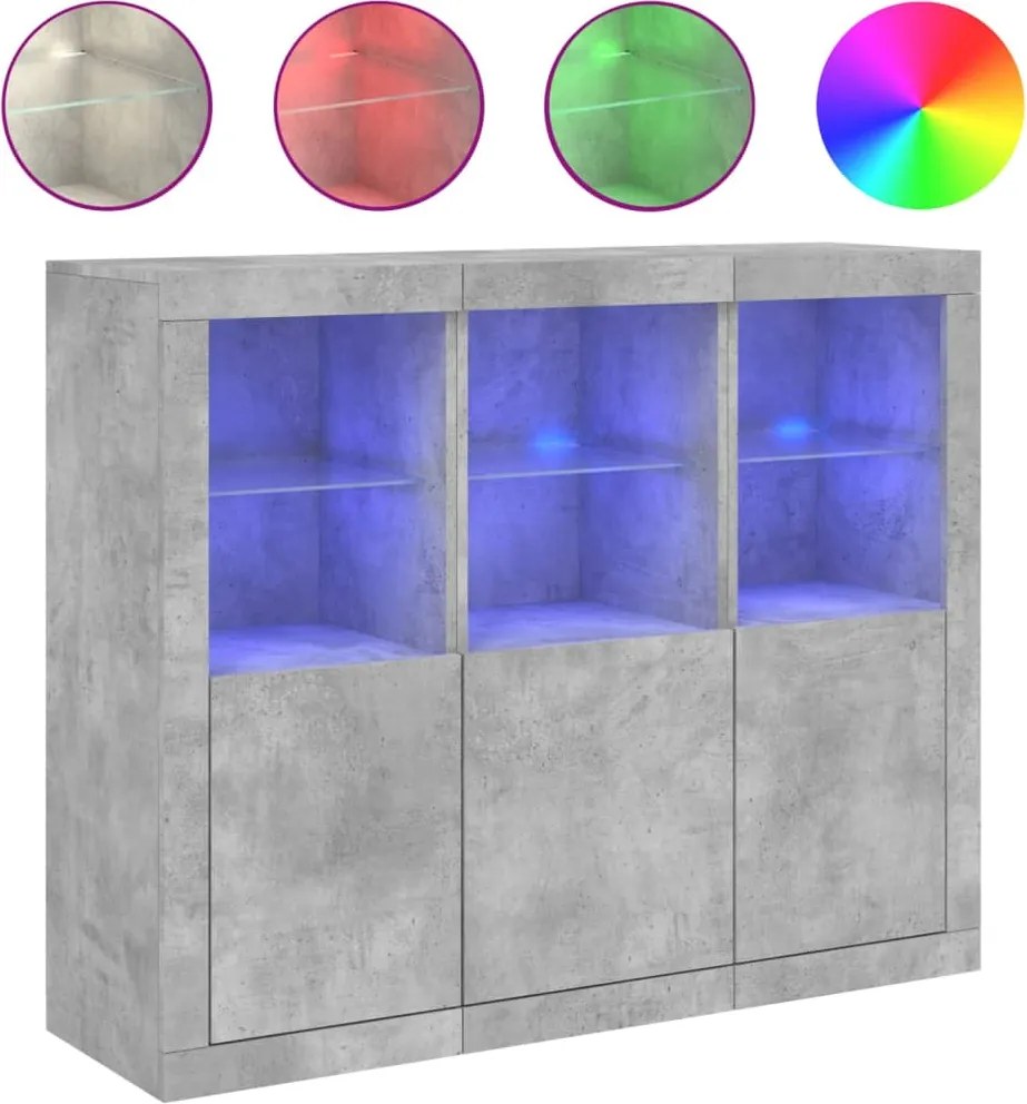 vidaXL Servantă cu lumini LED, 3 buc., gri beton, lemn prelucrat