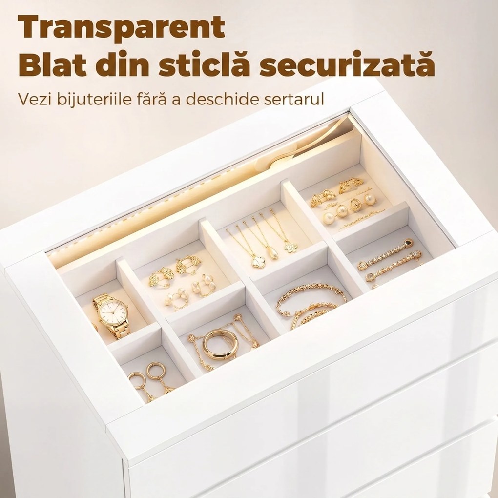 HOMCOM Comodă Modernă cu 4 Sertare și Lumini LED, 60x40x90 cm, Albă | Aosom Romania