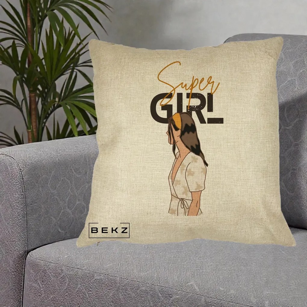 Perna Decorativa Super Girl Aesthetic, 40x40 cm, Crem, Husa Detasabila, Perna Inclusa, BEKZ®