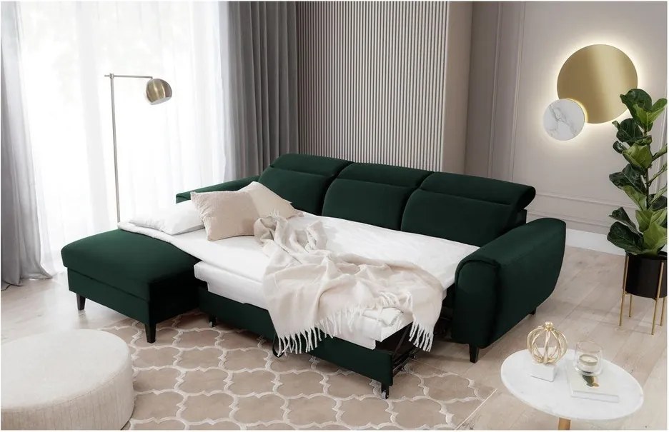 Colțar verde închis extensibil/cu spațiu de depozitare cu tapițerie din catifea (cu colț pe partea stângă/cu șezlong) Foble – ELTAP