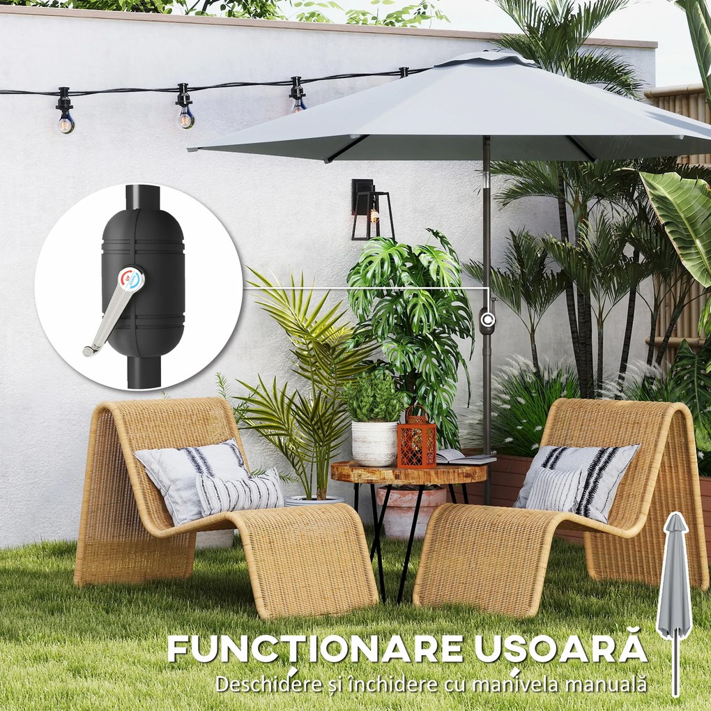 Outsunny Umbrelă de Grădină 3x3 m Înclinabilă cu Deschidere prin Manivelă, Umbrelă de Exterior cu Husă, Anti-UV 30+ din Metal și Poliester 180 g/㎡, Gri | Aosom Romania