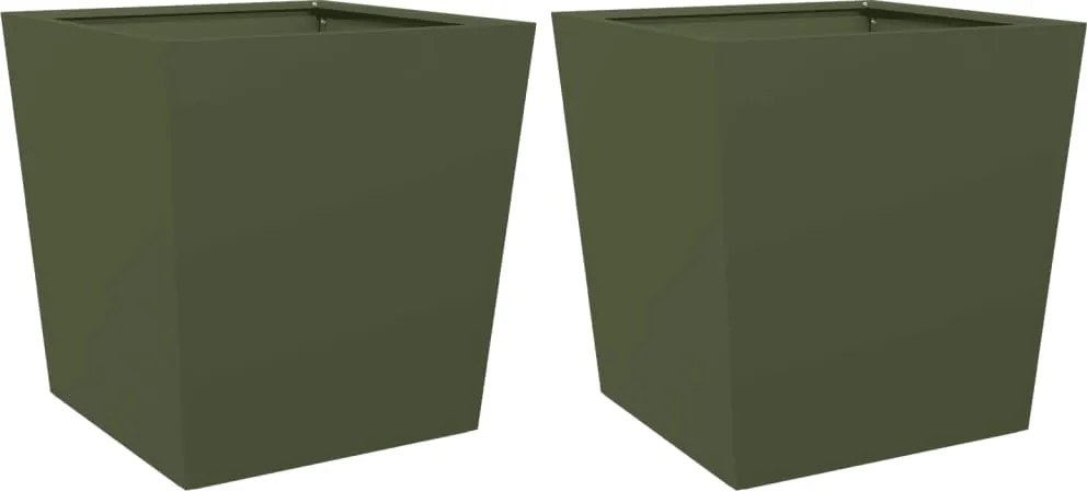 vidaXL Jardiniere grădină, 2 buc., verde măsliniu, 50x50x50 cm, oțel