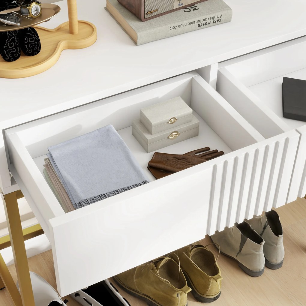 HOMCOM Masă Consolă cu 2 Sertare, Masă Modernă de Intrare cu Bază din Oțel în Ton Auriu, 80x31.5x75 cm, Alb | Aosom Romania
