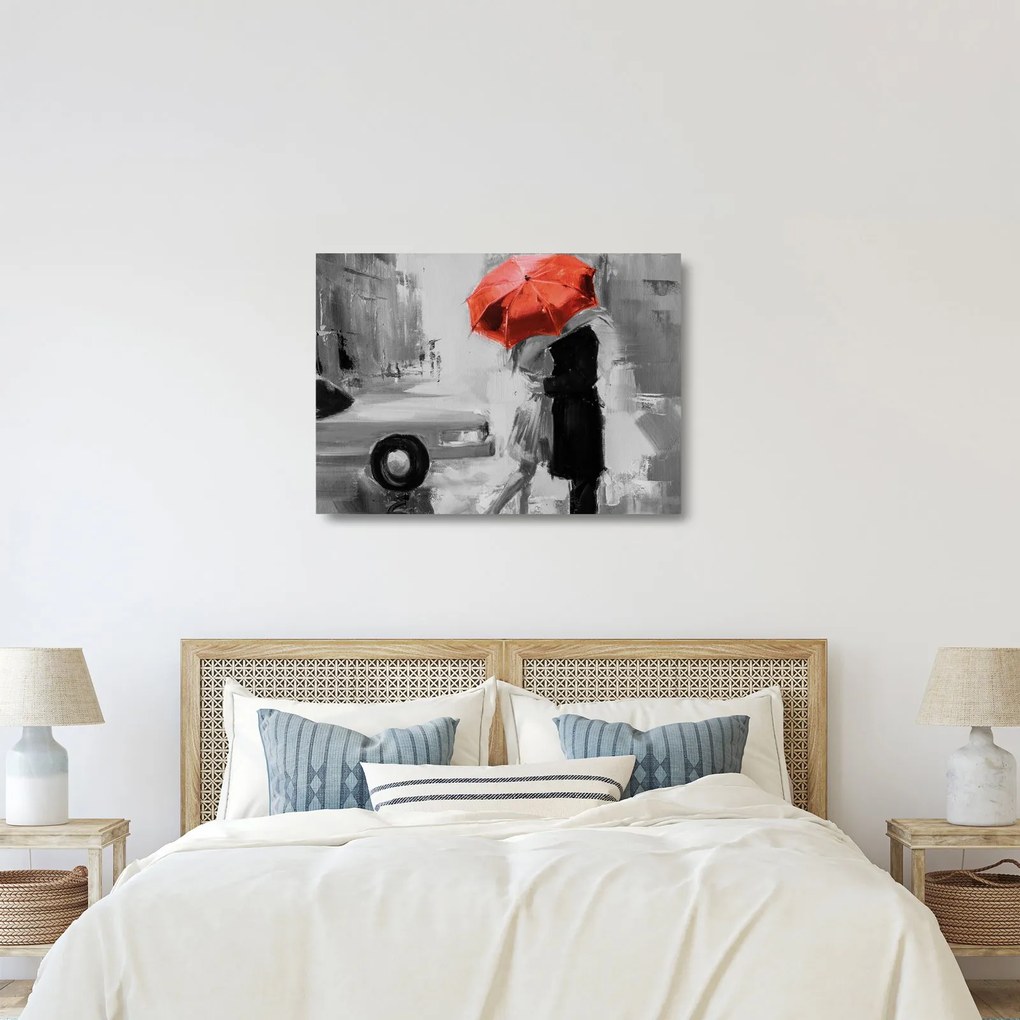 Tablou pe sticlă - Cuplu în dragoste sub o umbrelă, roșu (70x50 cm)