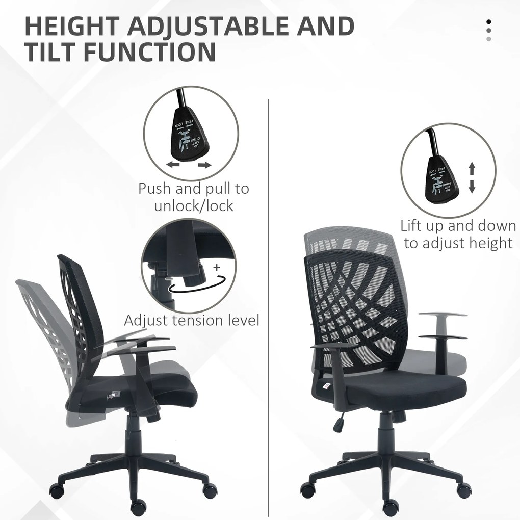 HOMCOM Scaun de Birou Ergonomic cu Înălțime Reglabilă, Scaun de Birou Pivotant din Țesătură Respirabilă, 58x56x106.5 cm, Negru | Aosom Romania