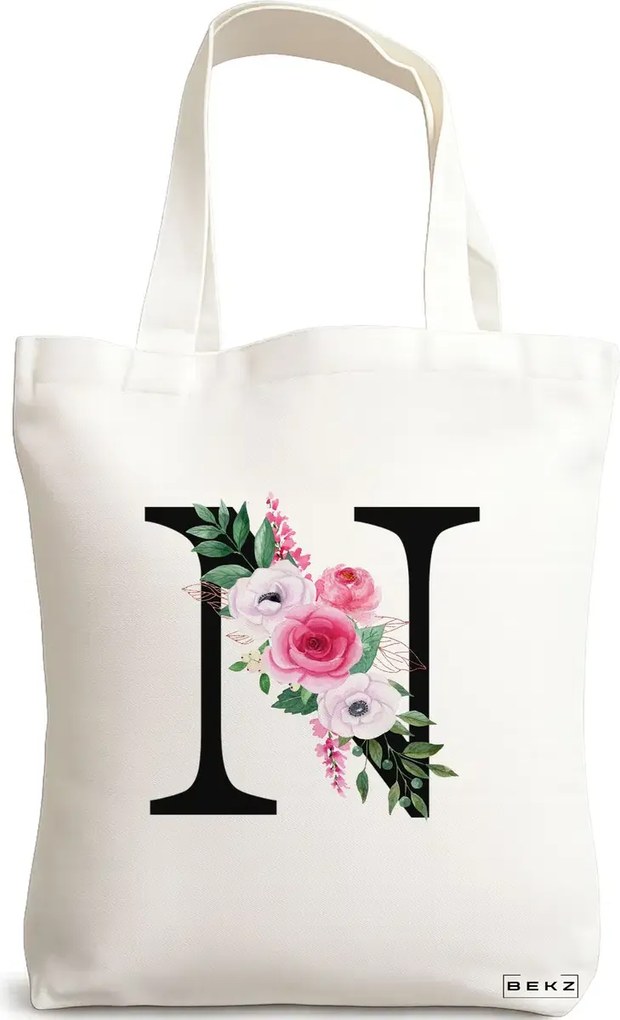 Sacosa de Panza pentru Cumparaturi, Geanta Tote, Cu litera N si Trandafiri, 38x34.5 cm, Alba, BEKZ®