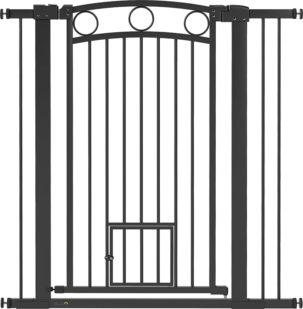 PawHut Poartă pentru animale de companie înaltă de 106 cm cu lățime reglabilă, ușă integrată pentru pisici, pentru scări și tocuri de ușă, Negru | Aosom Romania